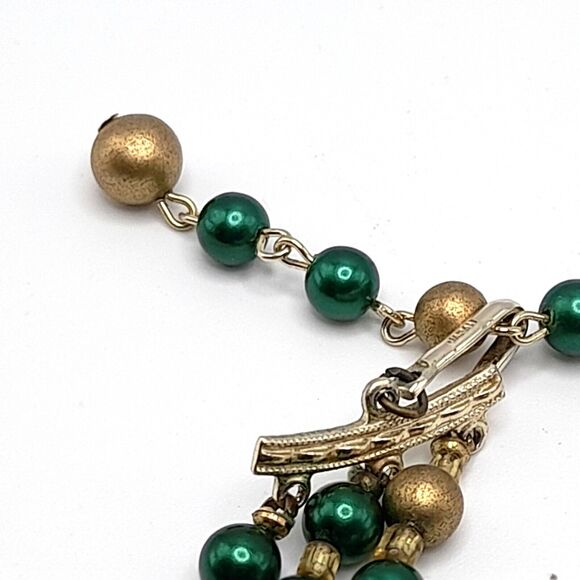 Vintage Japan 3-Strand Green Faux Pearl and Gold Tone Bead Necklace, 16" - Picture 14 of 16